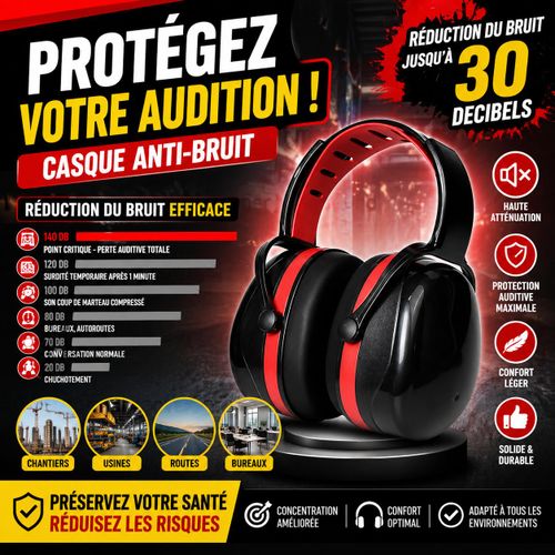 Casque Anti-Bruit Professionnel – Réduction 30 dB – Protection Auditive Chantier, Usine & Bricolage