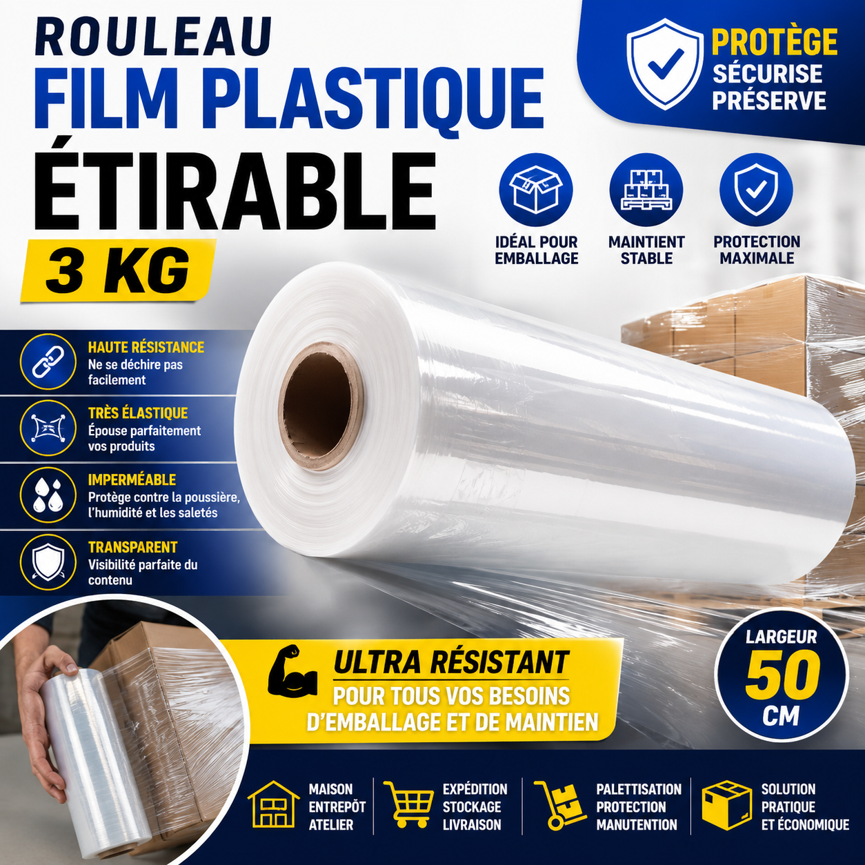 Film Étirable Transparent 3 KG Haute Résistance
