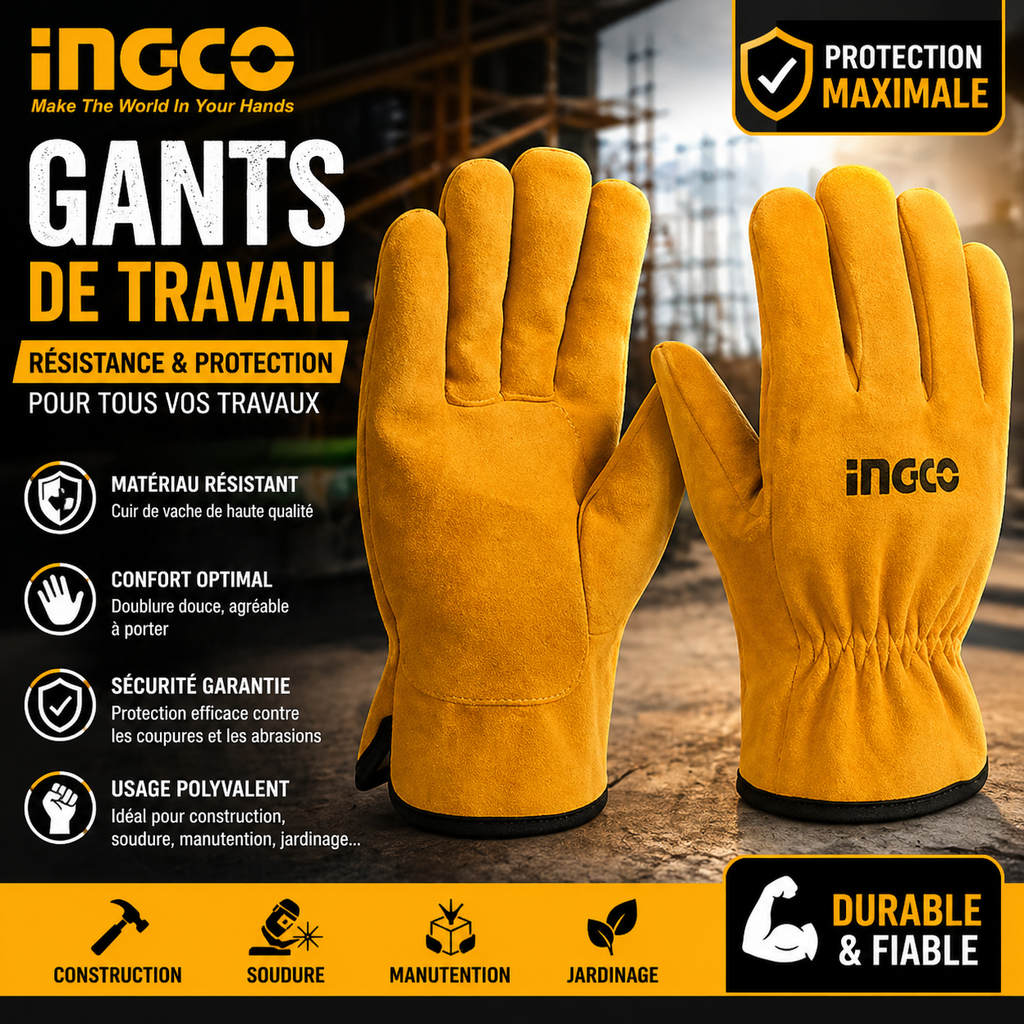 Gants de Travail en Cuir INGCO – Protection Professionnelle