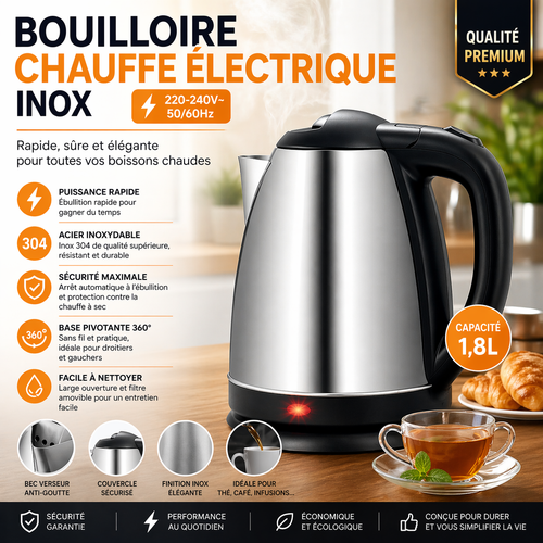 Bouilloire Électrique Inox 1.8L – Chauffe Rapide 220-240V – Sans Fil – Sécurité Automatique