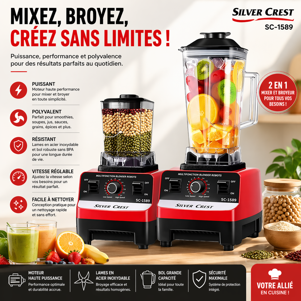 SILVER CREST Mixeur Blender 2 en 1 – 4500W – 2L – Multifonction – Broyeur & Smoothie