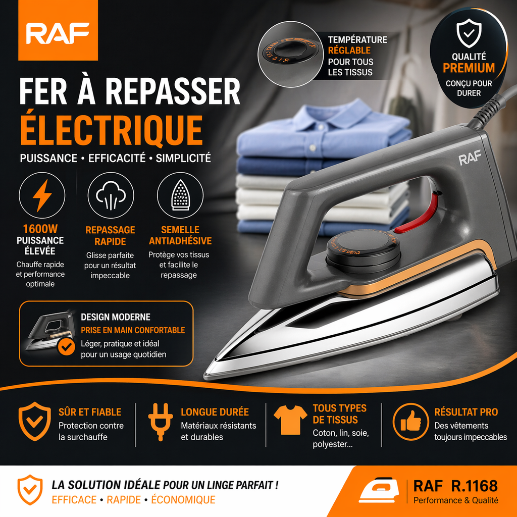 Fer à Repasser Électrique 1600W – Semelle Antiadhésive – Température Réglable – Repassage Rapide Tous Tissus