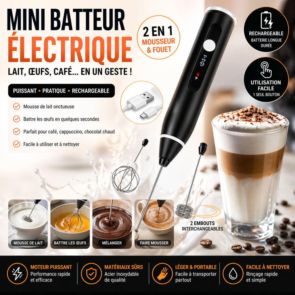 Mini Batteur Électrique Rechargeable 2 en 1 – Mousseur à Lait & Fouet à Œufs – USB – Portable et Puissant