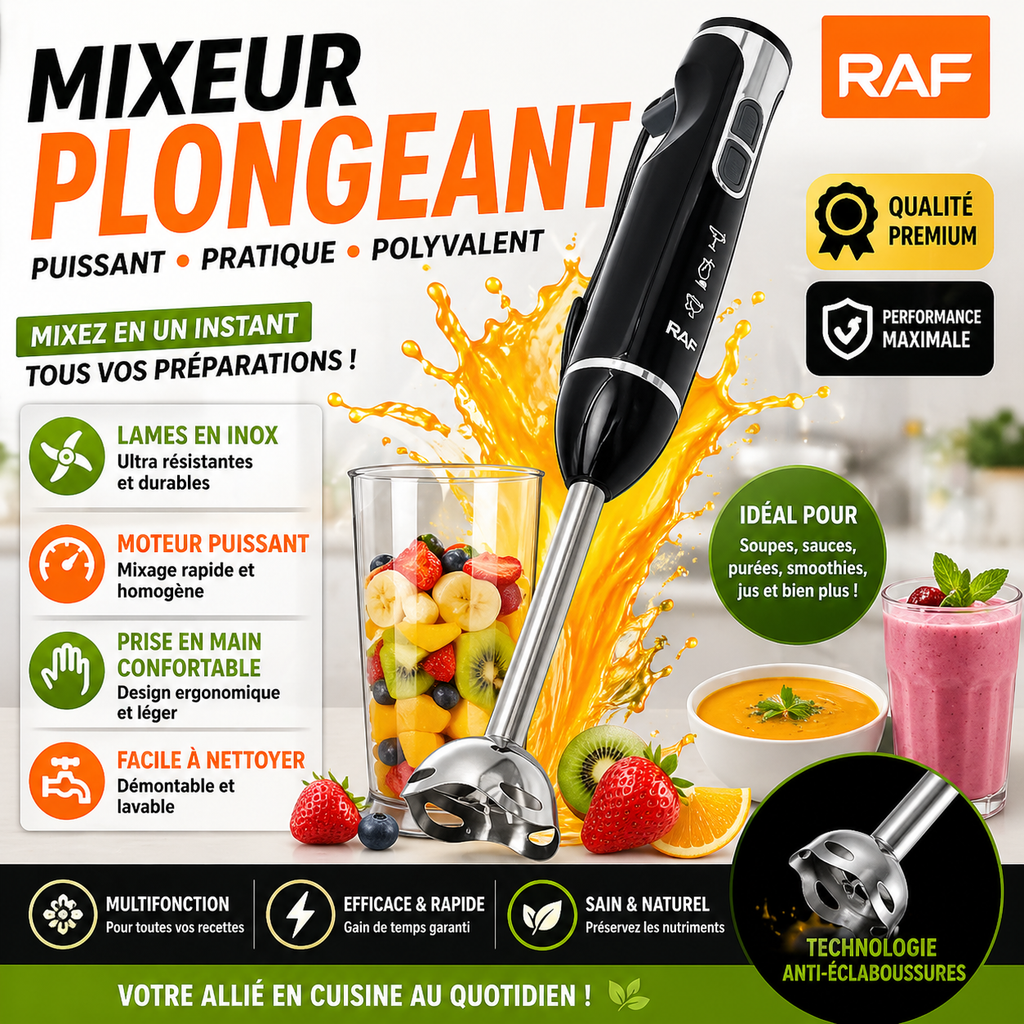 Mixeur Plongeant Électrique 2 en 1 – Blender Manuel Puissant – Soupes, Sauces, Smoothies & Purées