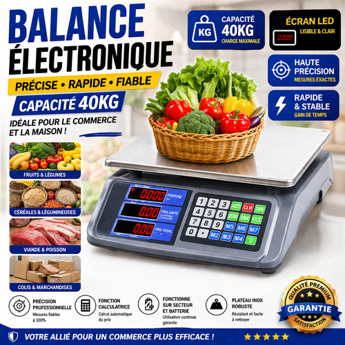 Balance Électronique Commerciale 40KG – Balance Digitale avec Calcul Prix – Écran LED Haute Précision