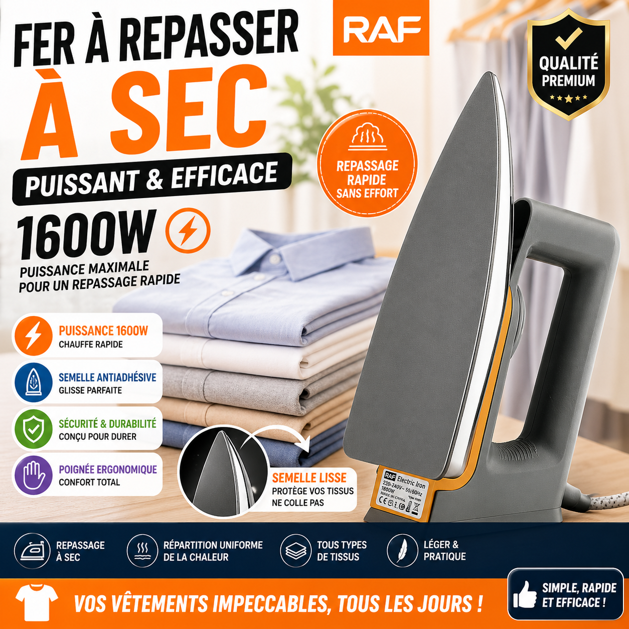 Fer à Repasser à Sec 1600W – Chauffe Rapide – Semelle Antiadhésive – Repassage Facile & Efficace