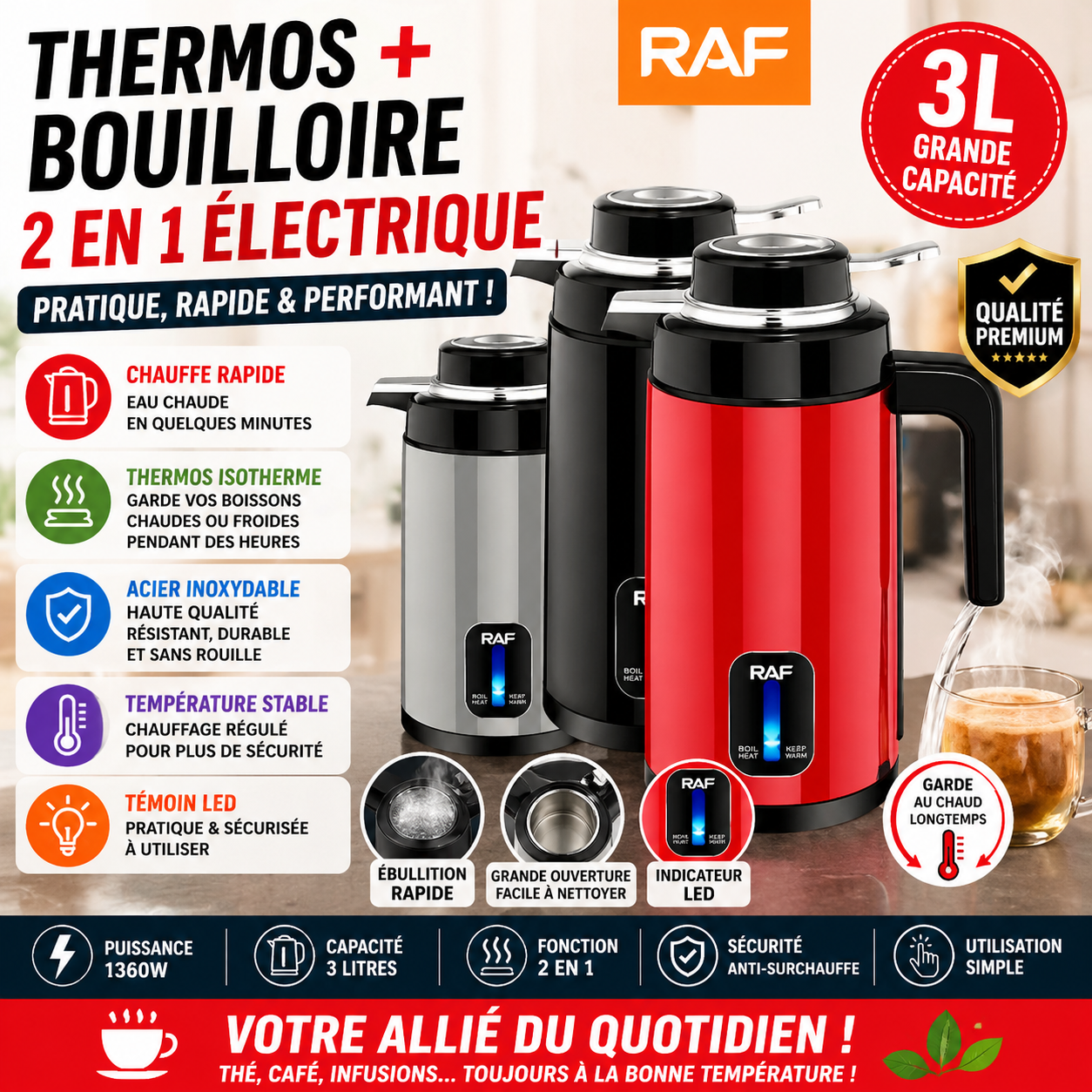 Thermos + Bouilloire Électrique 2 en 1 3L – Chauffe Rapide – Maintien au Chaud Longue Durée – Acier Inoxydable