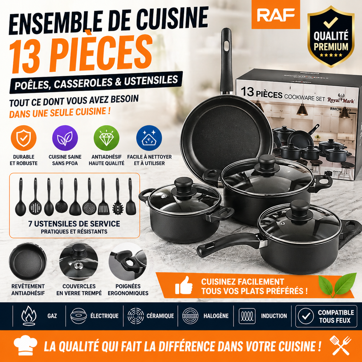 Ensemble de Cuisine 13 Pièces – Poêles, Casseroles & Ustensiles – Revêtement Antiadhésif – Compatible Tous Feux