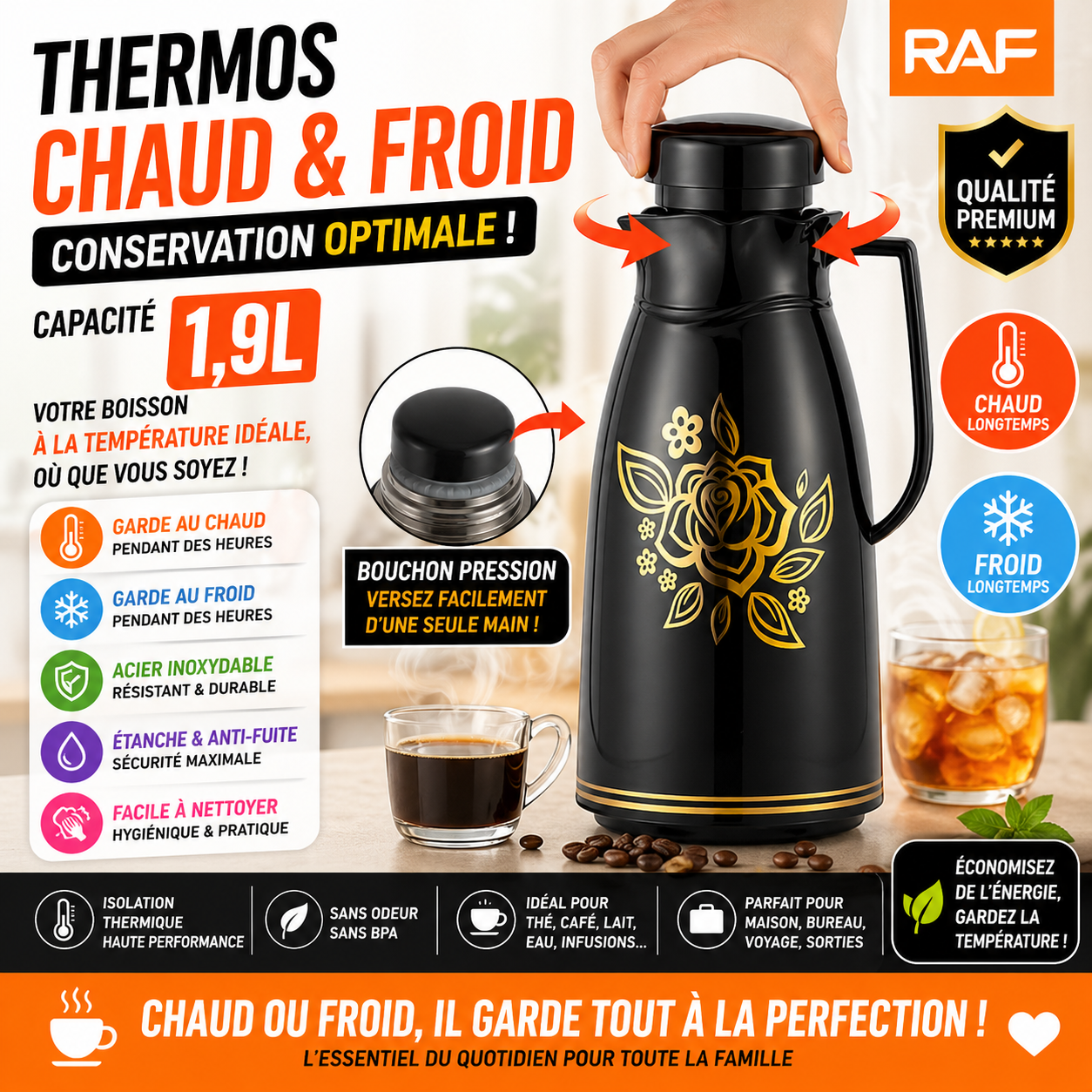 Thermos Isotherme 1,9L Chaud & Froid – Bouteille Thermique Inox – Conservation Longue Durée – Anti-Fuite