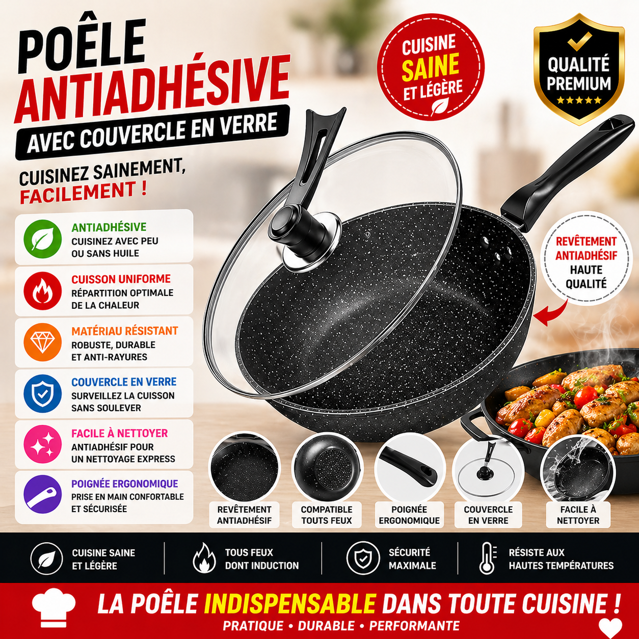 Poêle Antiadhésive avec Couvercle en Verre – Cuisson Sans Accroche – Compatible Tous Feux – Facile à Nettoyer
