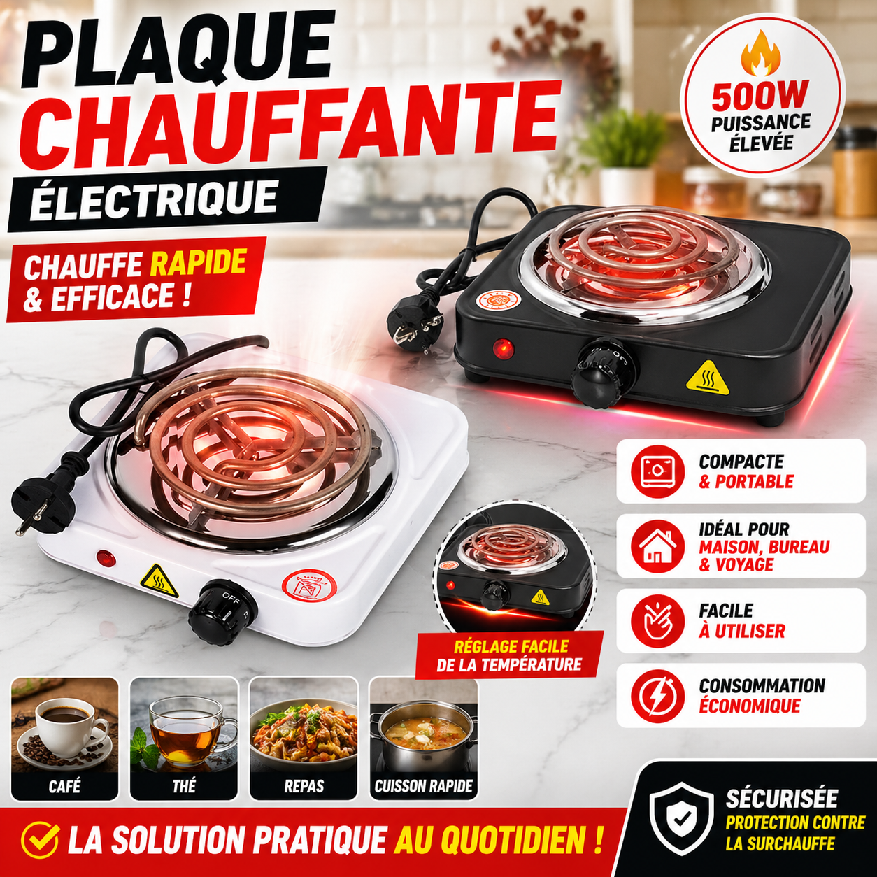 Plaque Chauffante Électrique 500W – Réchaud Portable Compact – Mini Plaque de Cuisson Rapide Maison & Bureau