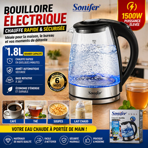 Bouilloire Électrique Transparente 1.8L – Chauffe Rapide 1500W – Idéal Maison & Bureau – Inox Durable