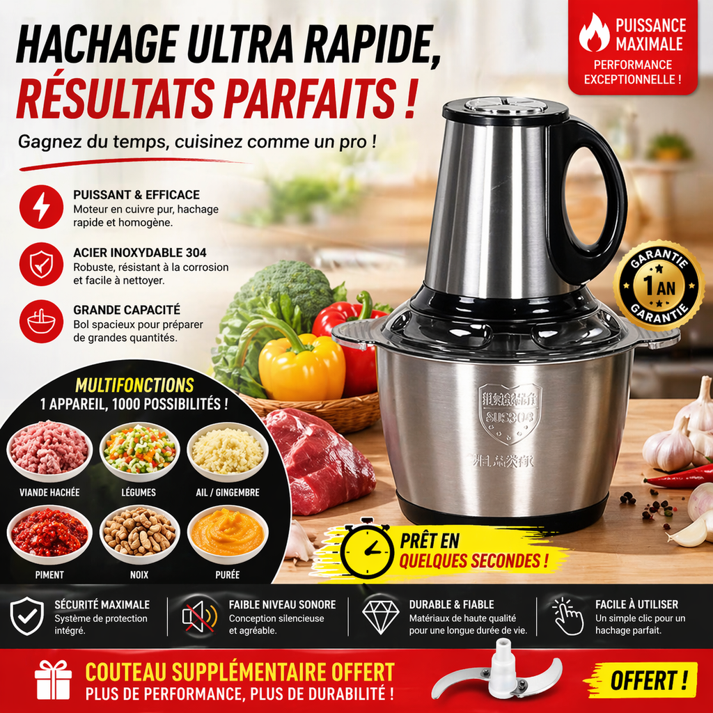 Hachoir Électrique Inox 2L – Mixeur Viande & Légumes – Puissant – Multifonction – Ultra Rapide