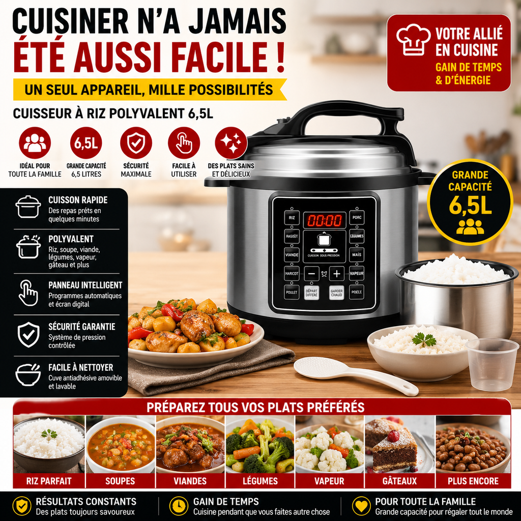 Cuiseur à Riz Électrique Multifonction 6,5L – Marmite Électrique Intelligent Grande Capacité – Cuisson Rapide Riz, Soupe, Viande & Vapeur – Noir/Argent