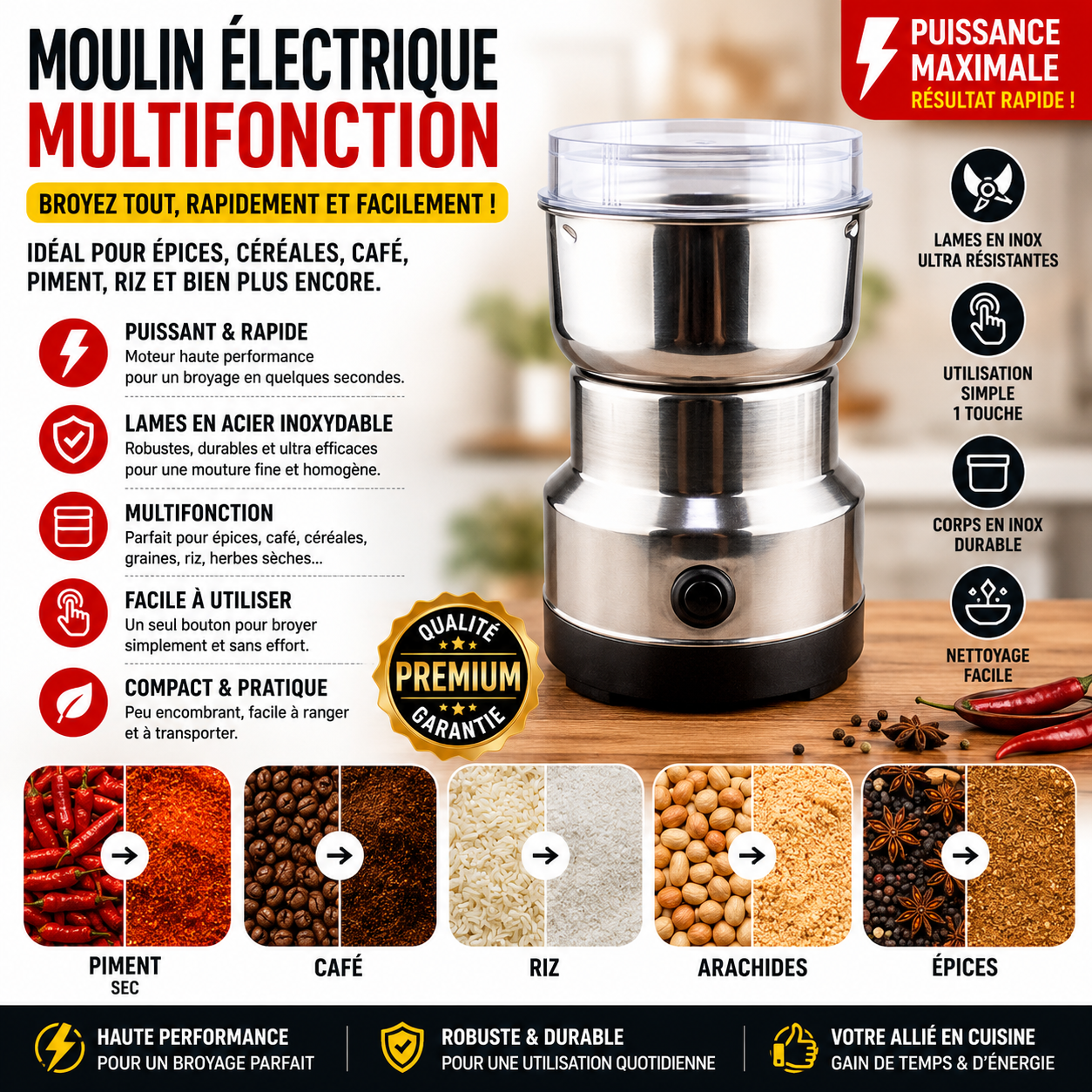Mini Moulin Électrique Multifonction – Broyeur Épices, Café, Piment, Riz et Céréales – Inox Haute Performance