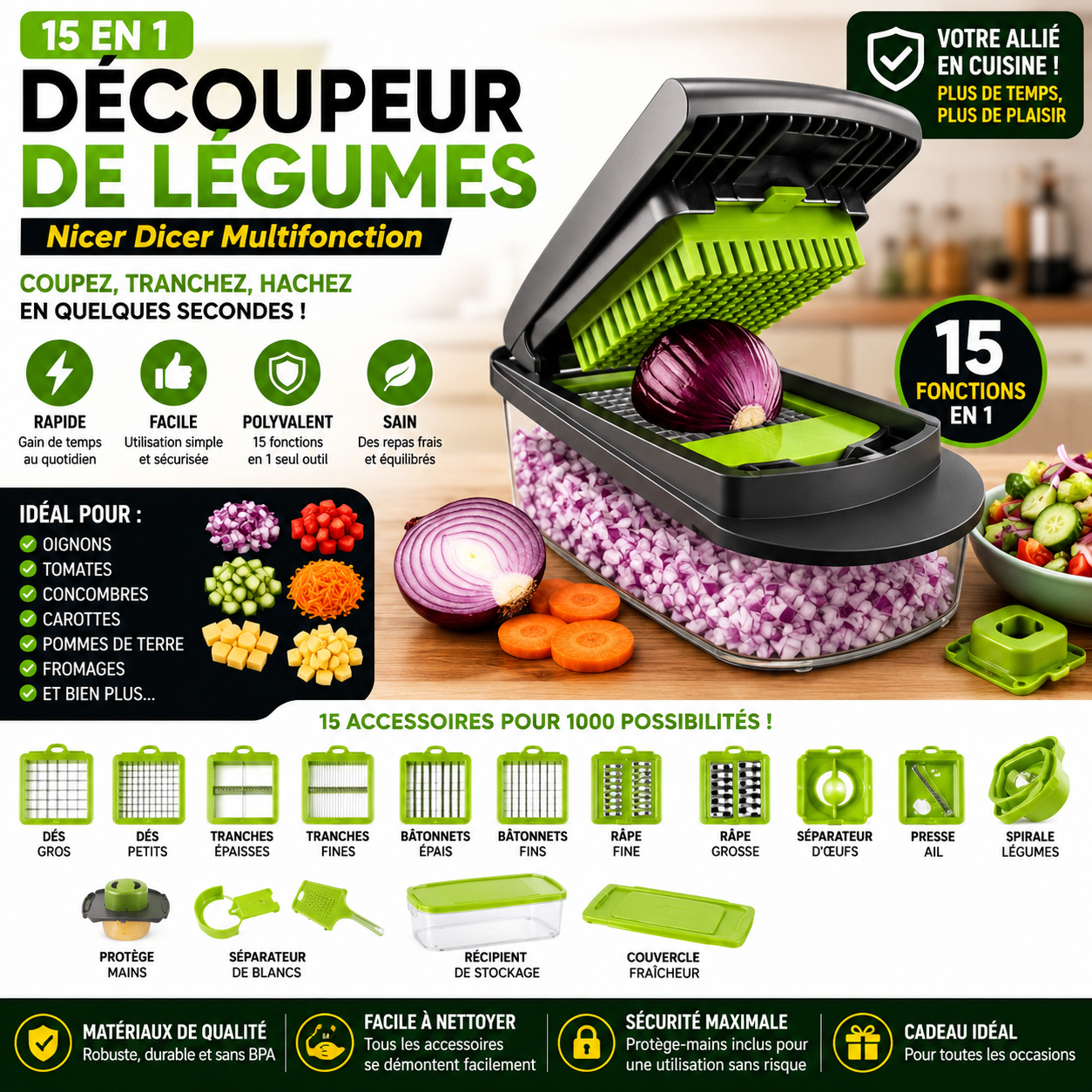 Nicer Dicer Découpeur de Légumes Multifonction 15 en 1 – Coupe Oignon, Tomate, Carotte & Fruits – Hachoir Manuel avec Lames Inox et Bac de Rangement – Vert/Noir