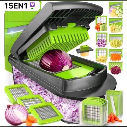 Nicer Dicer Découpeur de Légumes Multifonction 15 en 1 – Coupe Oignon, Tomate, Carotte & Fruits – Hachoir Manuel avec Lames Inox et Bac de Rangement – Vert/Noir