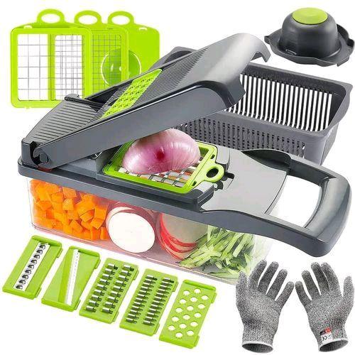 Nicer Dicer Découpeur de Légumes Multifonction 15 en 1 – Coupe Oignon, Tomate, Carotte & Fruits – Hachoir Manuel avec Lames Inox et Bac de Rangement – Vert/Noir