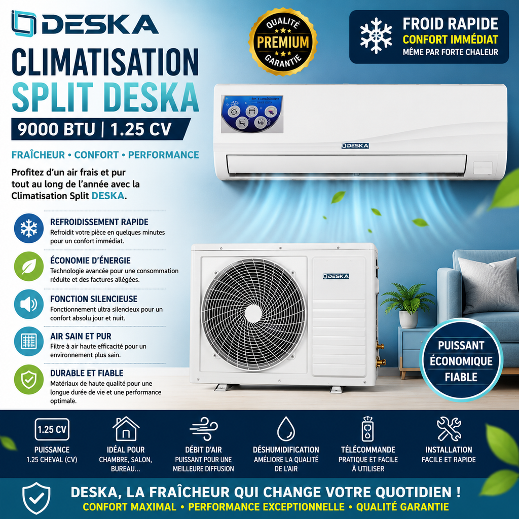 Deska Climatiseur Split 9000 BTU 1.25CV – Air Conditionné Réversible Économique avec Mode Nuit, Auto Nettoyage & Affichage LED – Blanc