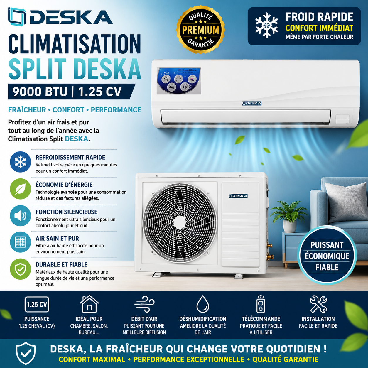 Deska Climatiseur Split 9000 BTU 1.25CV – Air Conditionné Réversible Économique avec Mode Nuit, Auto Nettoyage & Affichage LED – Blanc