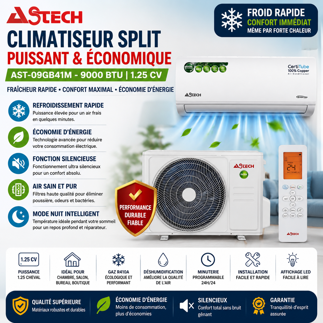 Climatiseur Split 9000 BTU 1.25CV – Air Conditionné Économique Refroidissement Rapide Gaz R410 – Blanc