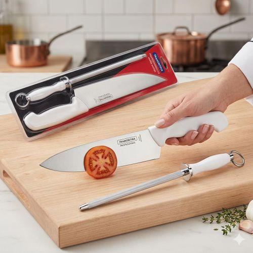 Tramontina – Set de Découpe Professionnel Couteau de Chef + Fusil à Aiguiser – Acier Inoxydable – Blanc & Argent