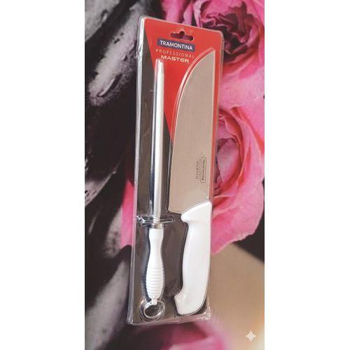 Tramontina – Set de Découpe Professionnel Couteau de Chef + Fusil à Aiguiser – Acier Inoxydable – Blanc & Argent