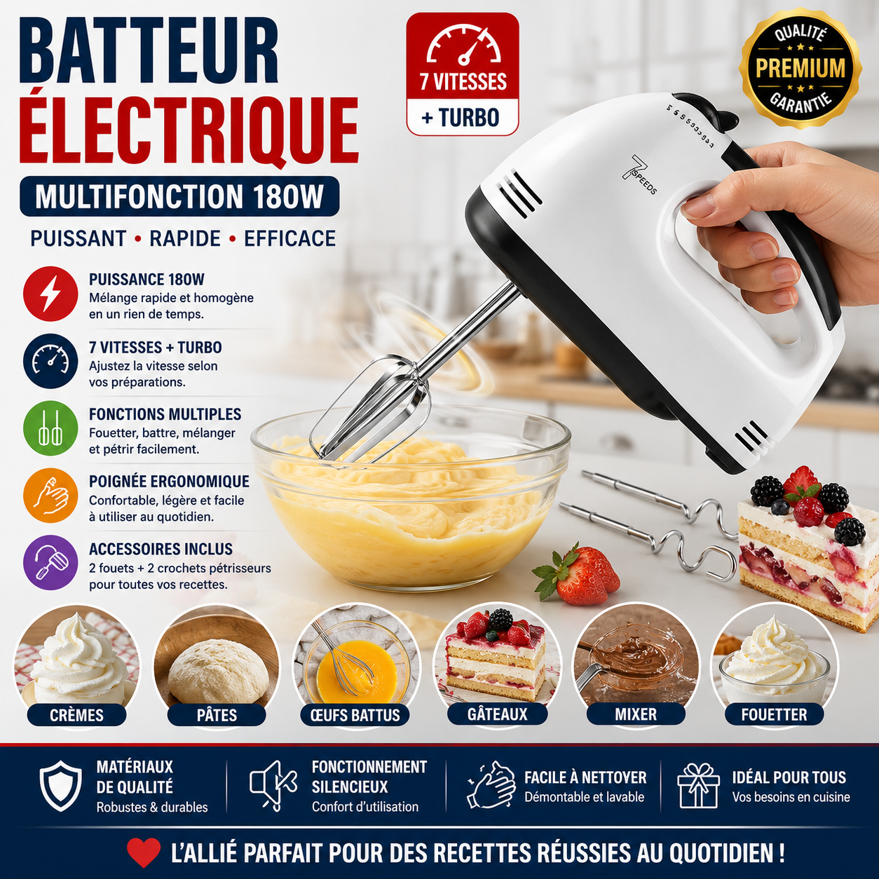 Batteur Électrique Multifonction 180W – Mixeur Cuisine 7 Vitesses – Fouet Pâtisserie & Cuisine – Blanc