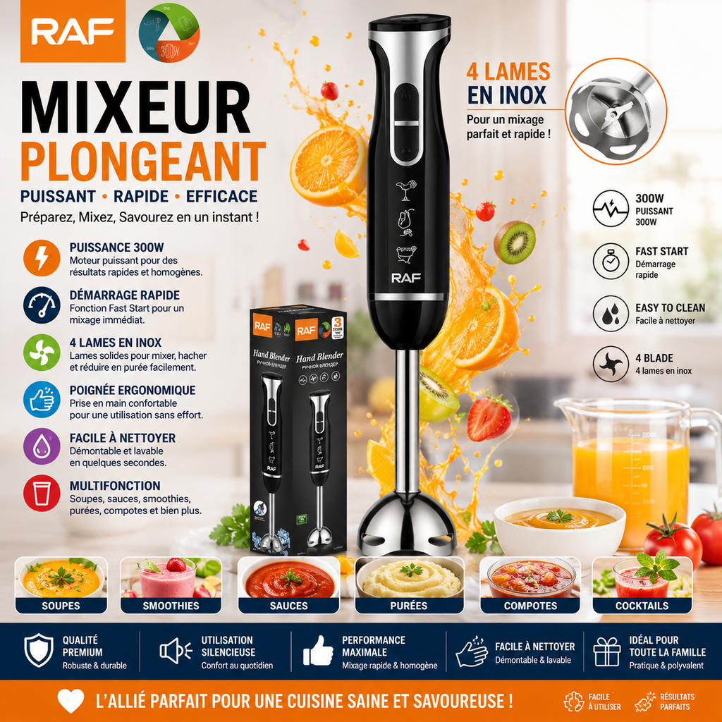 RAF Mixeur Plongeant Électrique 300W – Blender Multifonction Portable – 4 Lames Inox – Noir