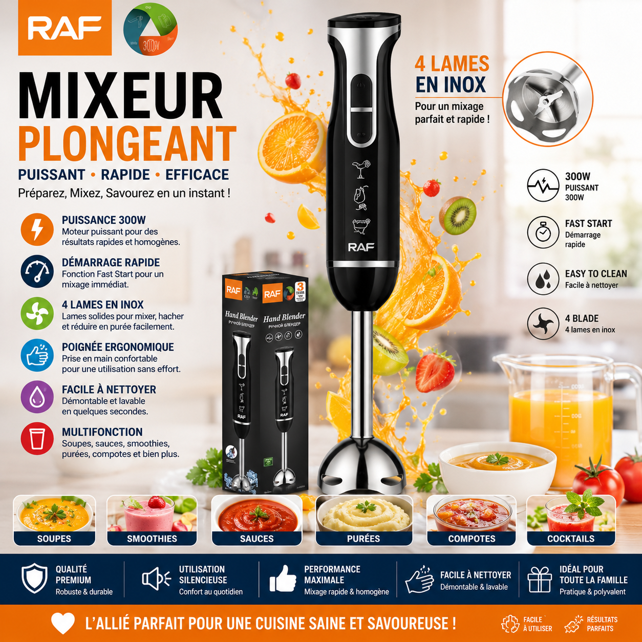 RAF Mixeur Plongeant Électrique 300W – Blender Multifonction Portable – 4 Lames Inox – Noir