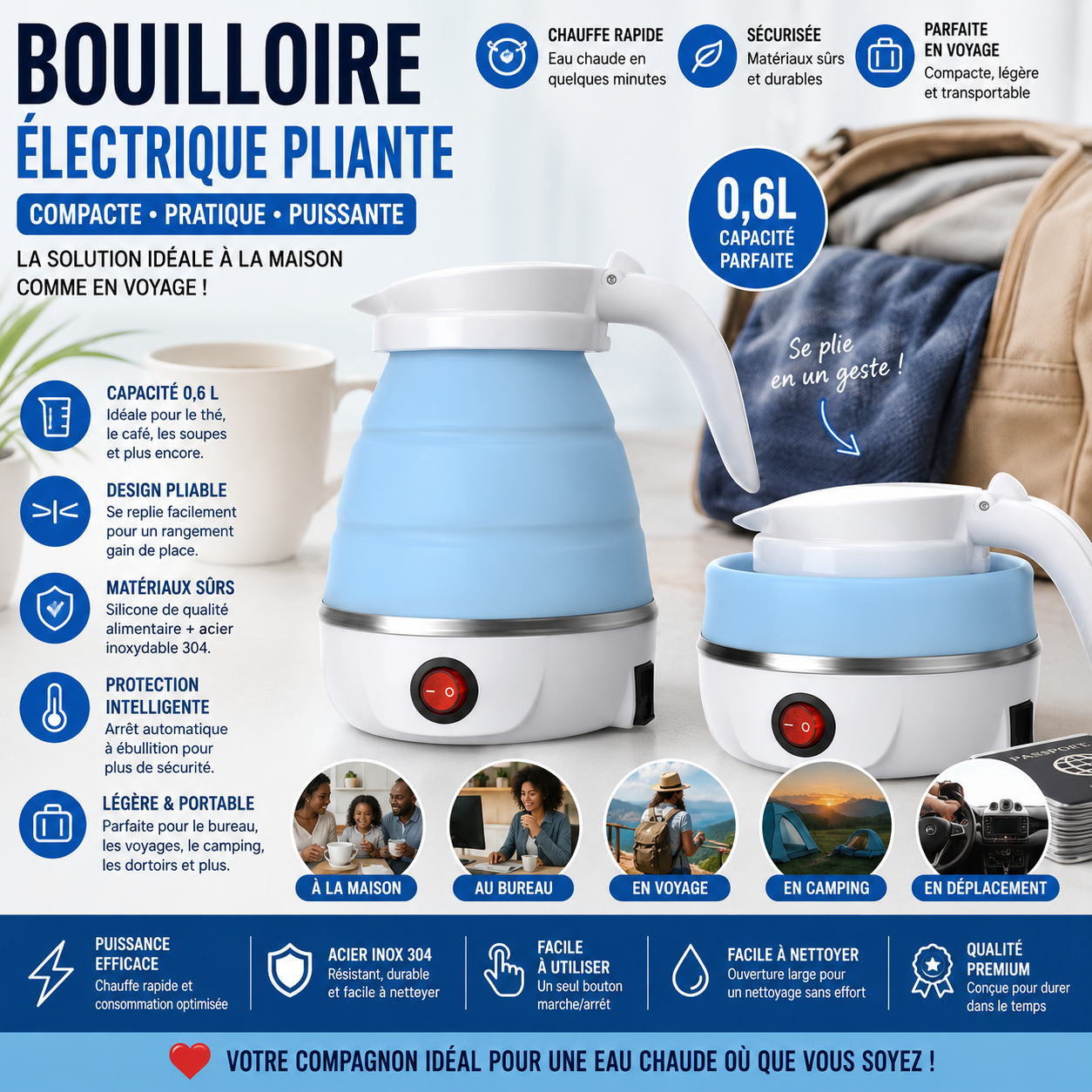 Bouilloire Électrique Pliante Portable 0,6L – Silicone Alimentaire – Chauffe Eau de Voyage Compact – Bleu