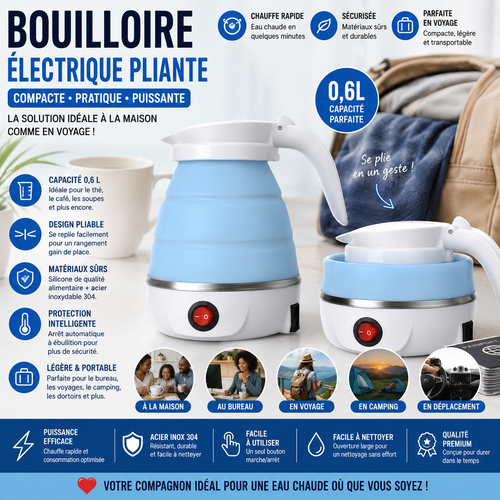 Bouilloire Électrique Pliante Portable 0,6L – Silicone Alimentaire – Chauffe Eau de Voyage Compact – Bleu