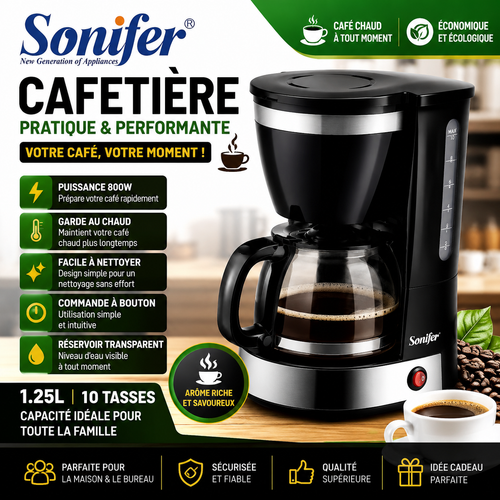 Cafetière Électrique 1,25 L – Machine à Café Filtre 800W – Capacité 10 Tasses – Fonction Maintien au Chaud – Noir