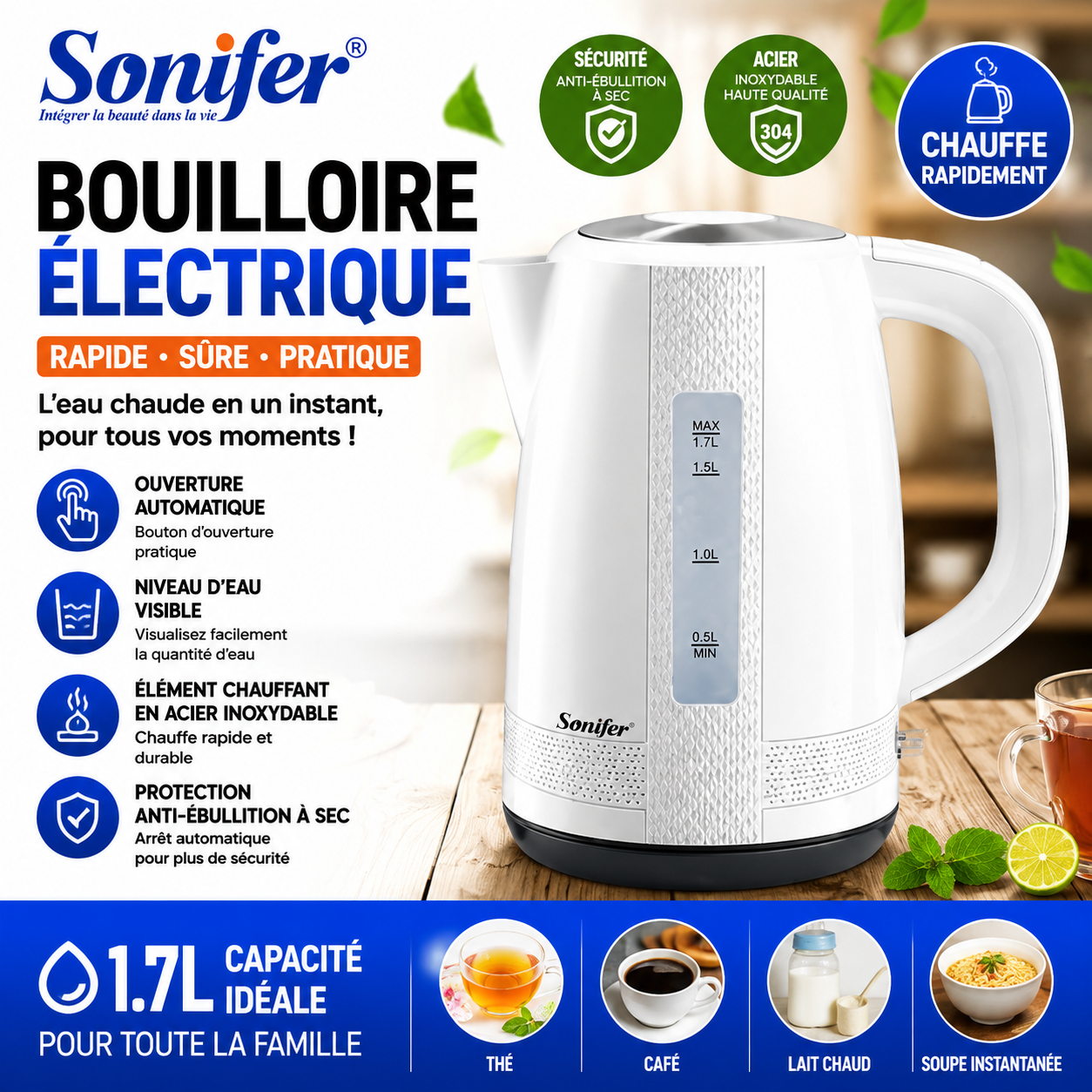 Bouilloire Électrique SF-2035 – 1,7 L – 2200 W – Chauffe Rapide – Arrêt Automatique – Blanche