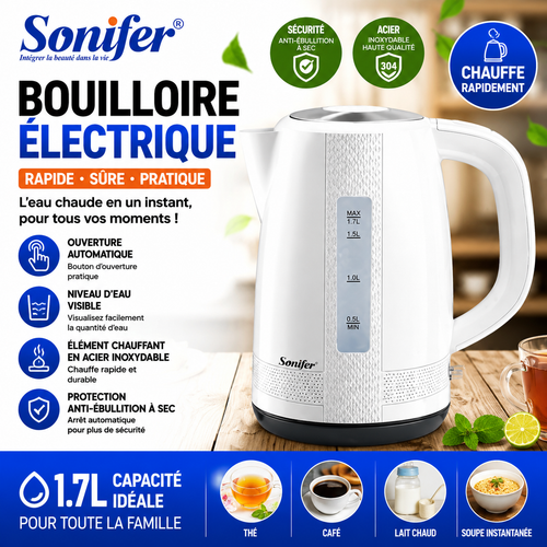 Bouilloire Électrique SF-2035 – 1,7 L – 2200 W – Chauffe Rapide – Arrêt Automatique – Blanche