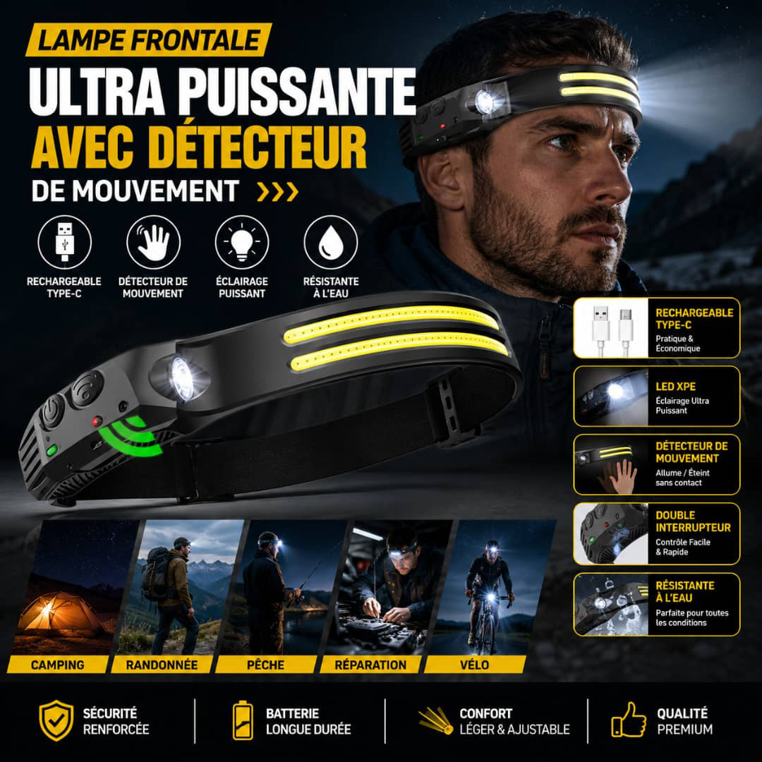 Lampe Frontale LED Rechargeable avec Détecteur de Mouvement