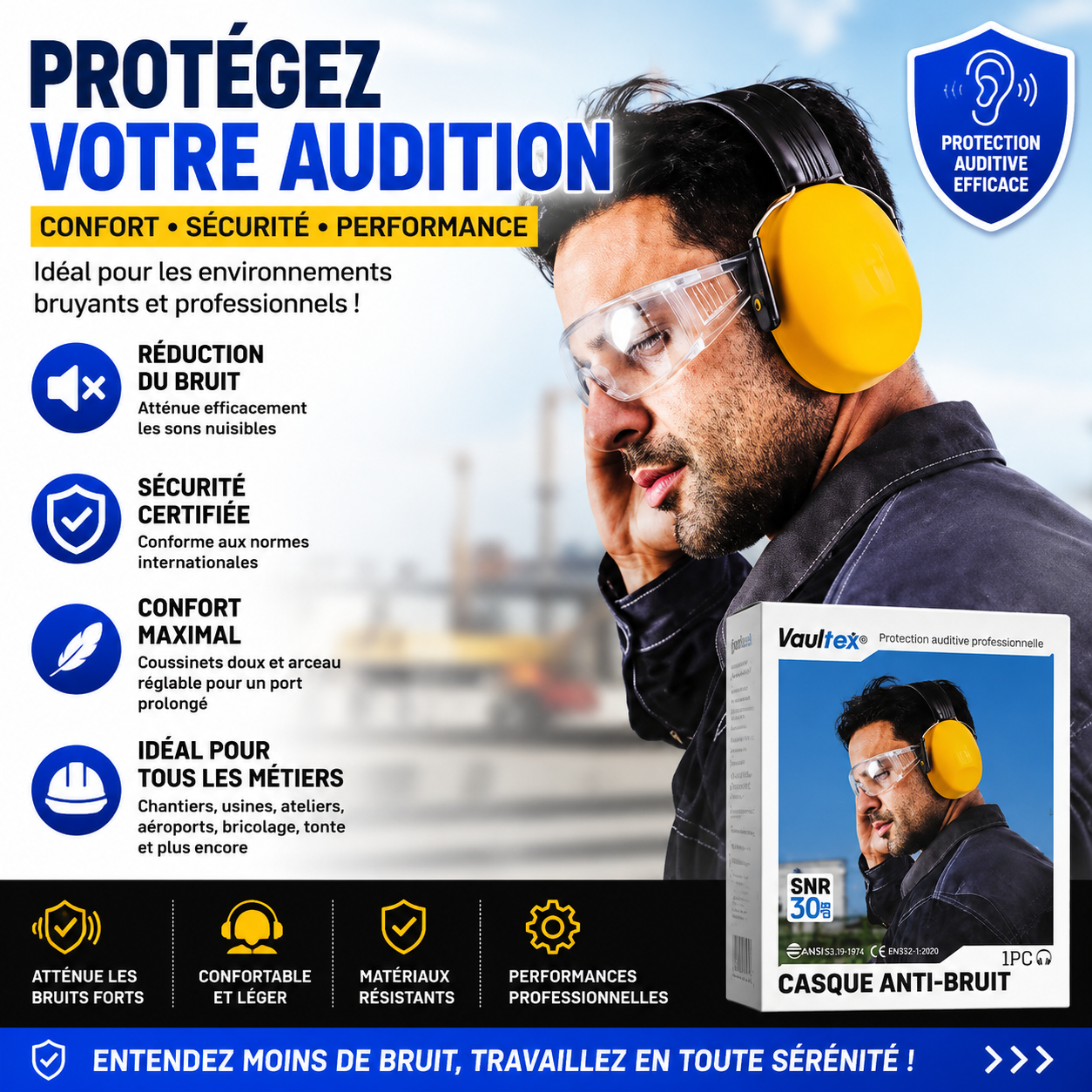 Vaultex Casque Antibruit Professionnel SNR 30 dB